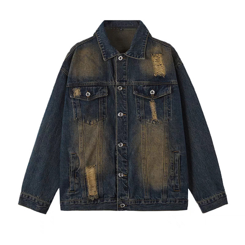 Herren Oversized Jeansjacke mit Used-Waschung und Destroy-Details Chichicherry