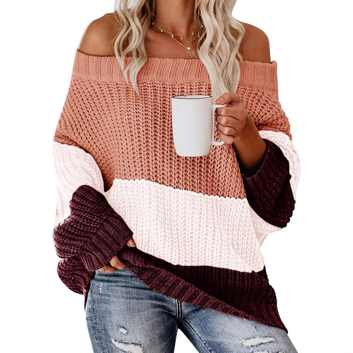 Women's Off-shoulder Oversize Block Stripe Knit Sweater Chichicherry