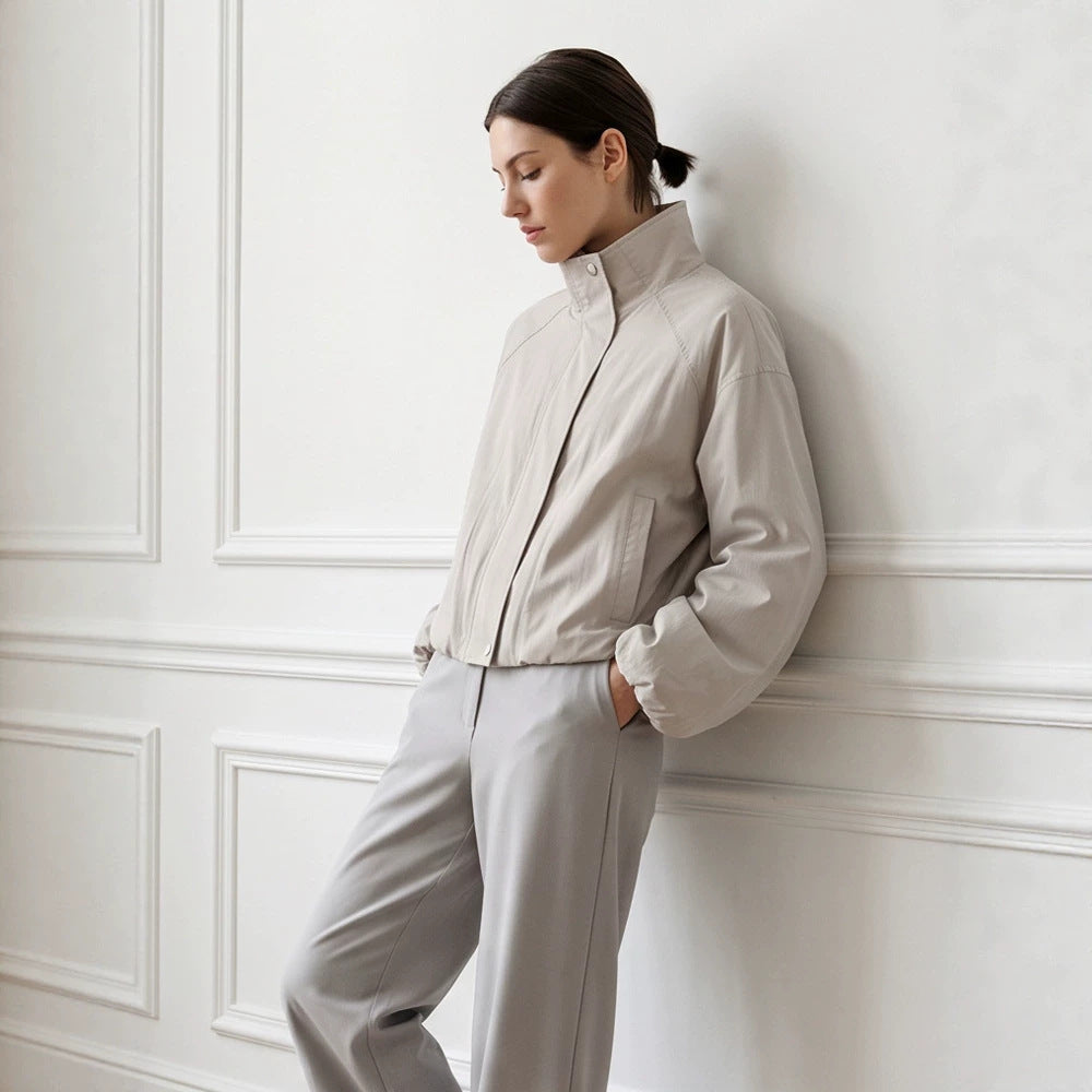 Women's Short Cut Stand Collar Bomber Jacket with Elastic Hem and Raglan Sleeves Chichicherry