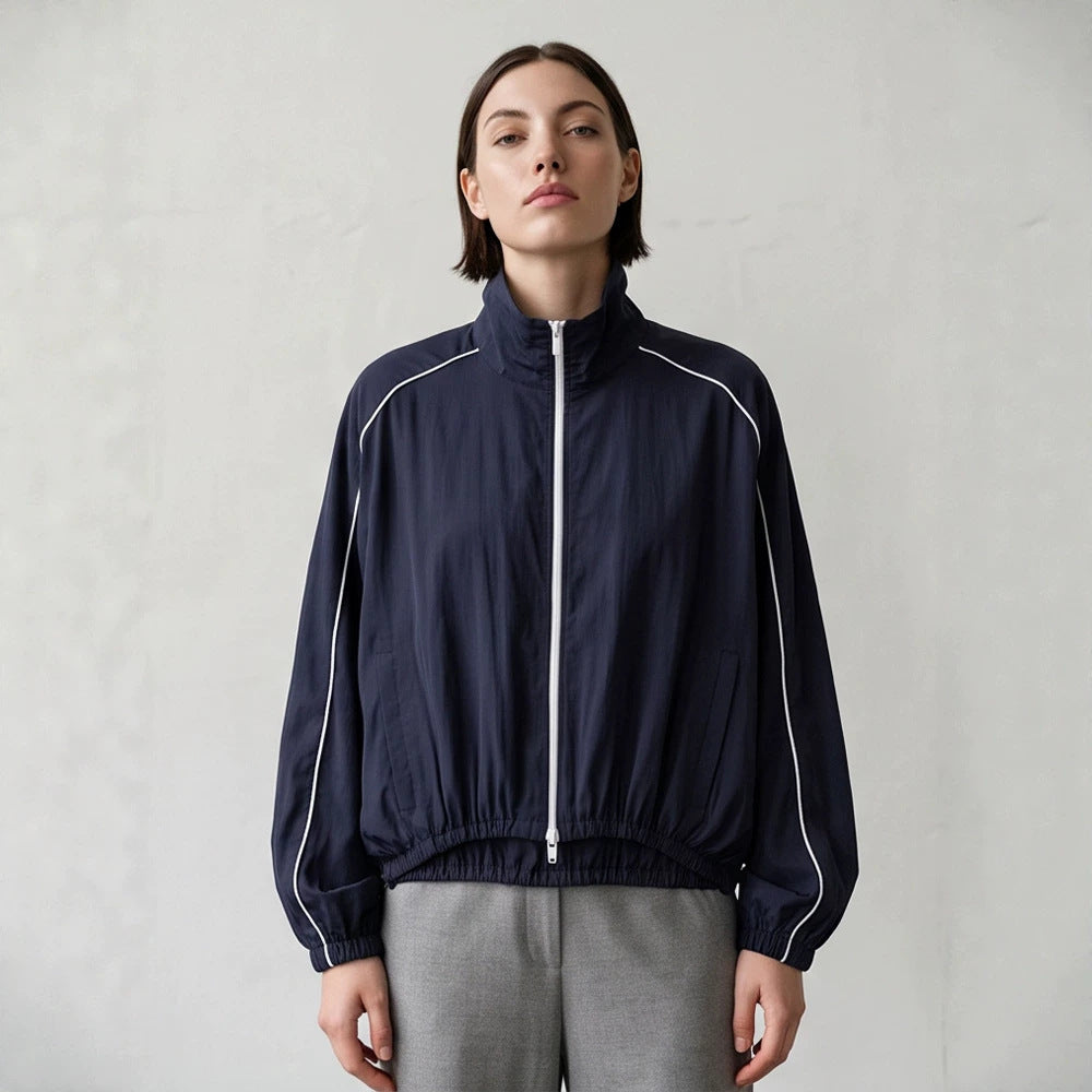 Women's Lightweight Sports Track Jacket with Stand-up Collar, Contrast Piping and Elastic Waistband Chichicherry