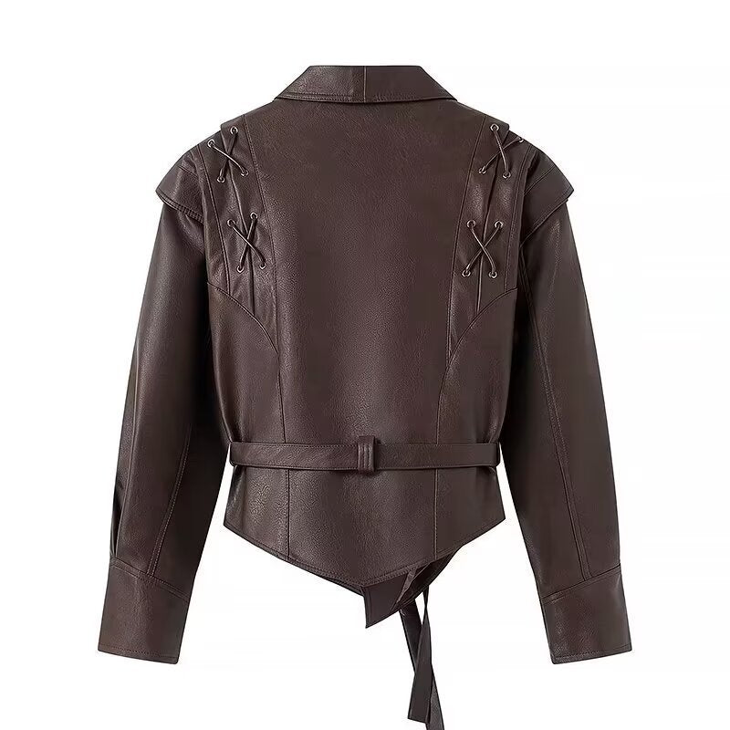 Women Short Blazer Leather Jacket with Shawl Collar, Waist Belt and Lacing Detail Chichicherry