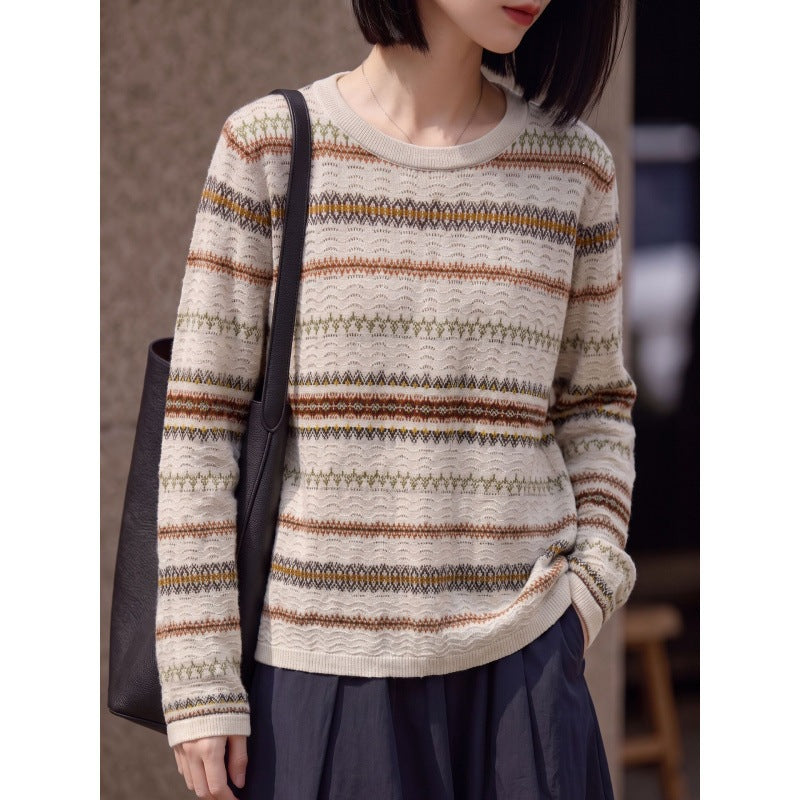 Women's lightweight round neck pullover in Norwegian stripe design with structured ajour optics Chichicherry