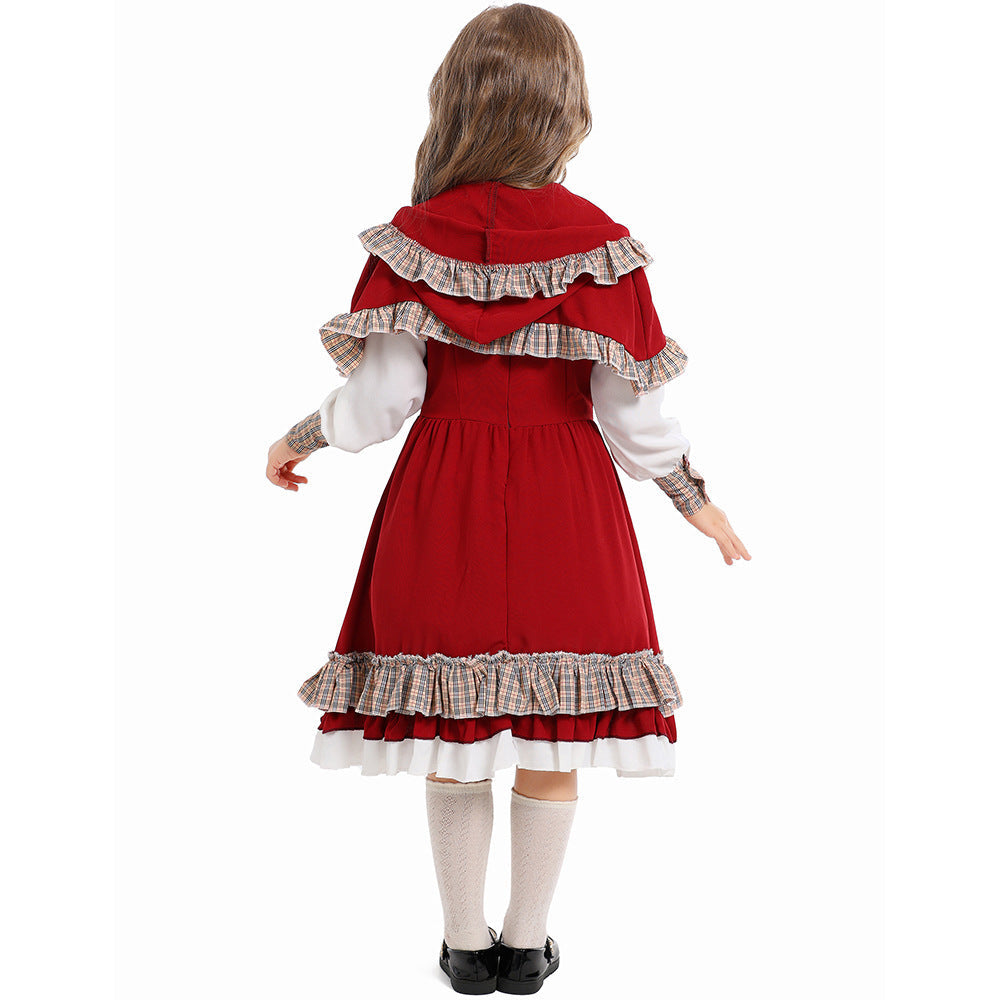Girl Fairy Tale Little Red Riding Hood Costume with Hood and Ruffles Chichicherry
