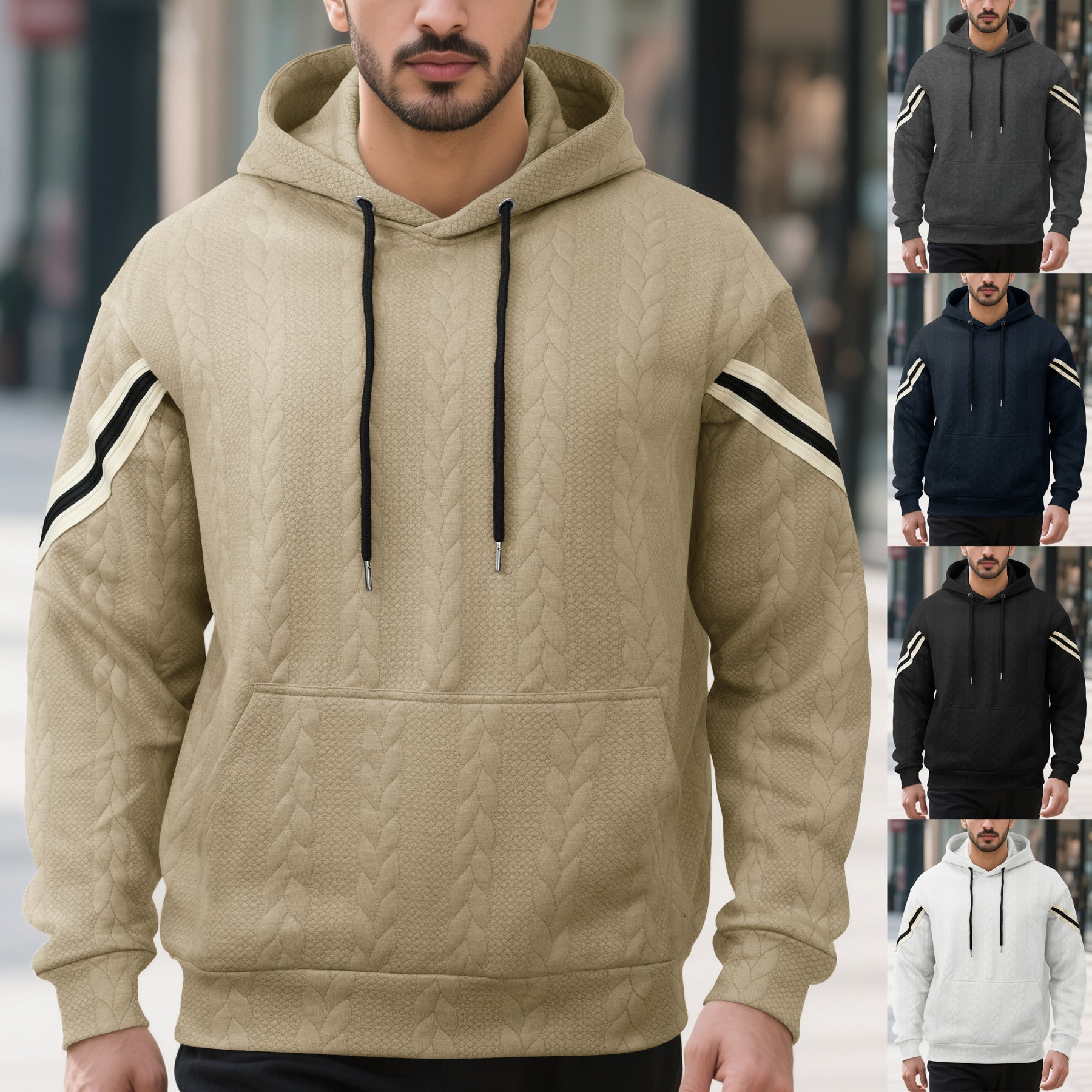 Men's Cable Knit Hoodie with Kangaroo Pocket and Contrast Stripes Chichicherry