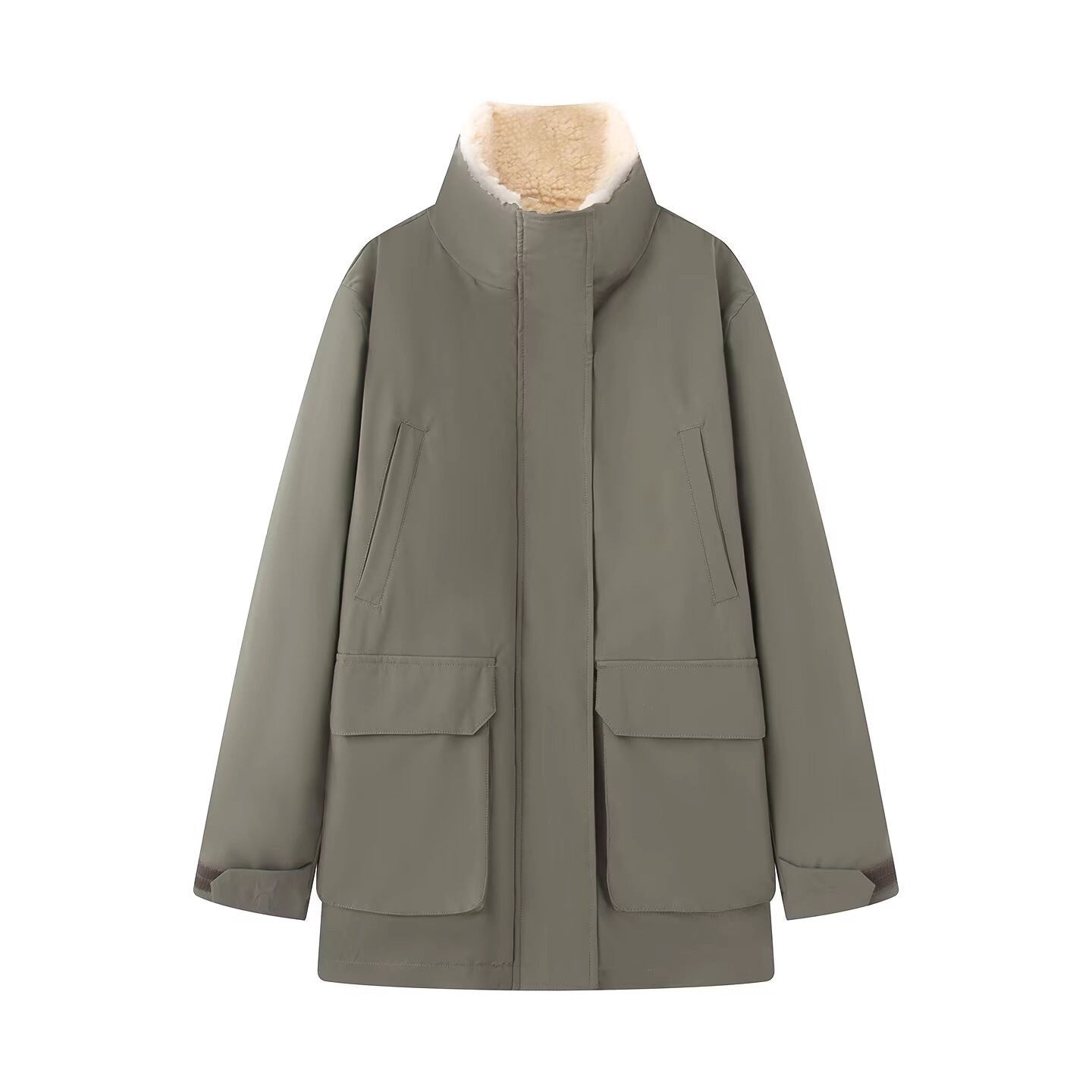 Women's Padded Parka Jacket with High Teddy Collar and Flap Pockets Chichicherry