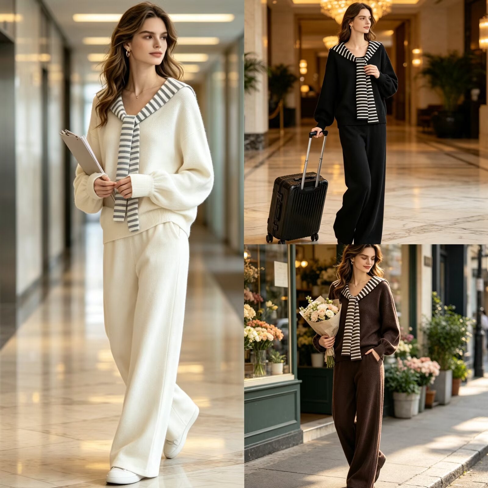 Women's Knitting Set with Sailor Collar Sweater and Wide Culotte Pants Chichicherry