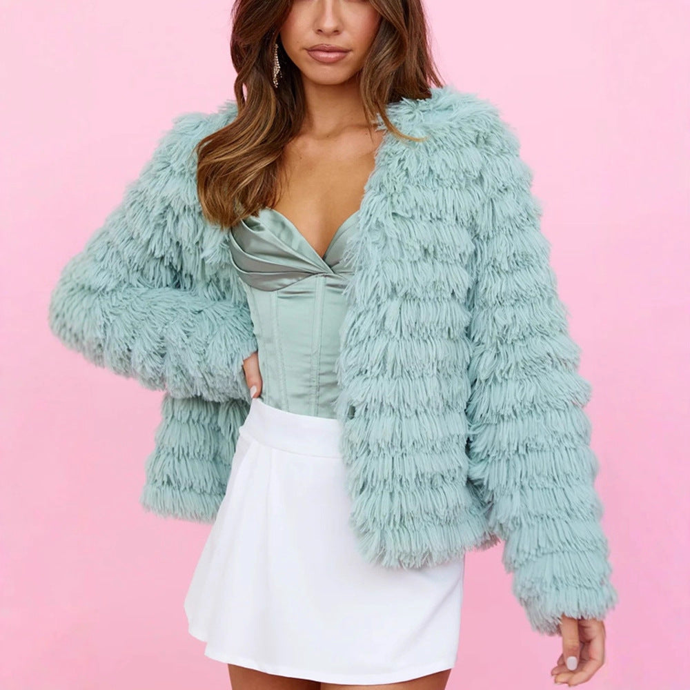 Women Midi-length Plush Coat with Fringe Structure and Open Silhouette Chichicherry