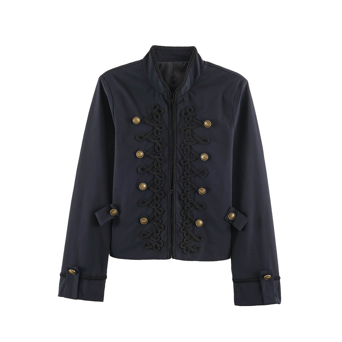 Women's Short Military Style Jacket with Ornamental Cord and Button Decoration Chichicherry