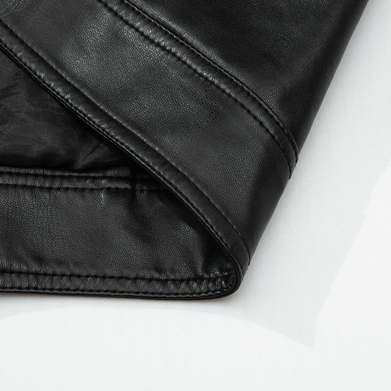 Men's Slim-Fit Faux Leather Zip Jacket with Stand Collar and Seam Panels Chichicherry