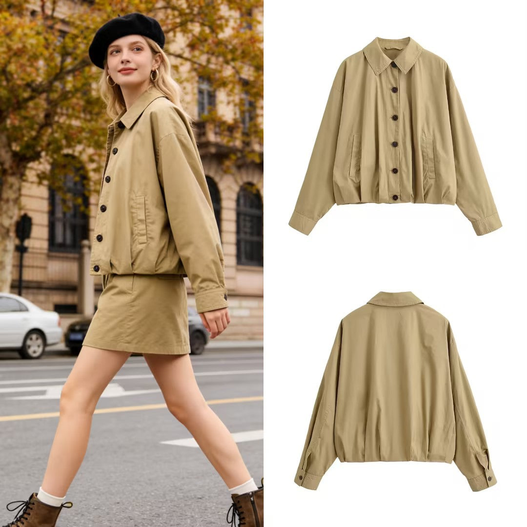 Women's Lightweight Cropped Bomber Jacket with Button Placket and Elastic Hem Chichicherry
