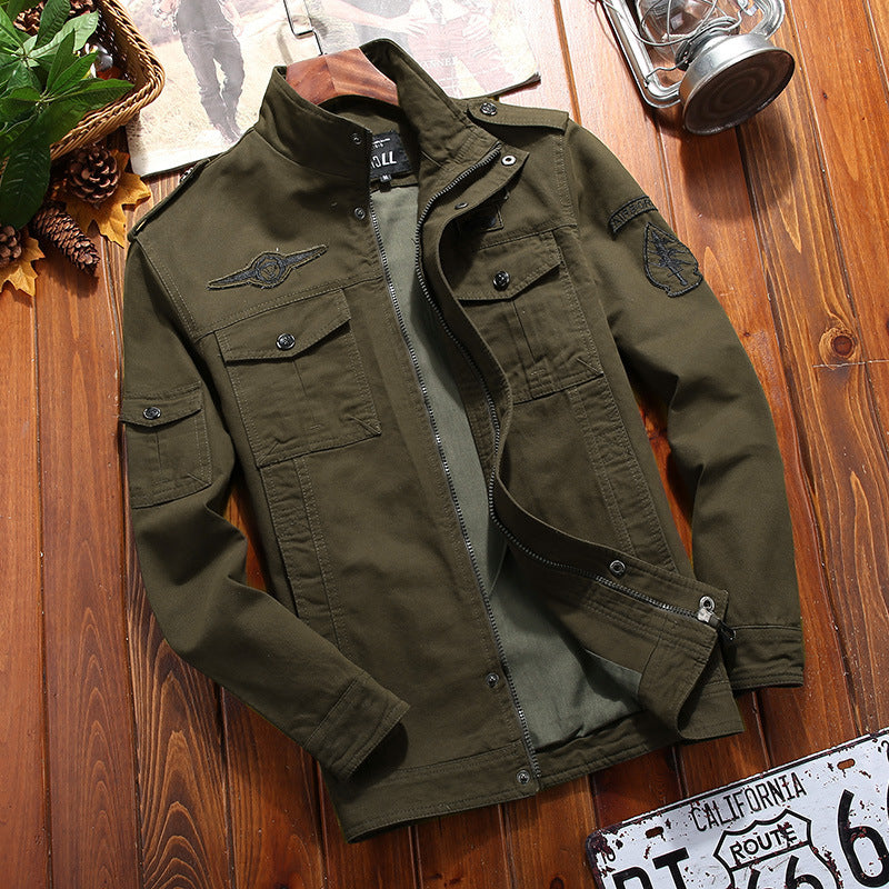 Men's lightweight canvas military jacket with stand-up collar, epaulets, and multiple flap pockets Chichicherry