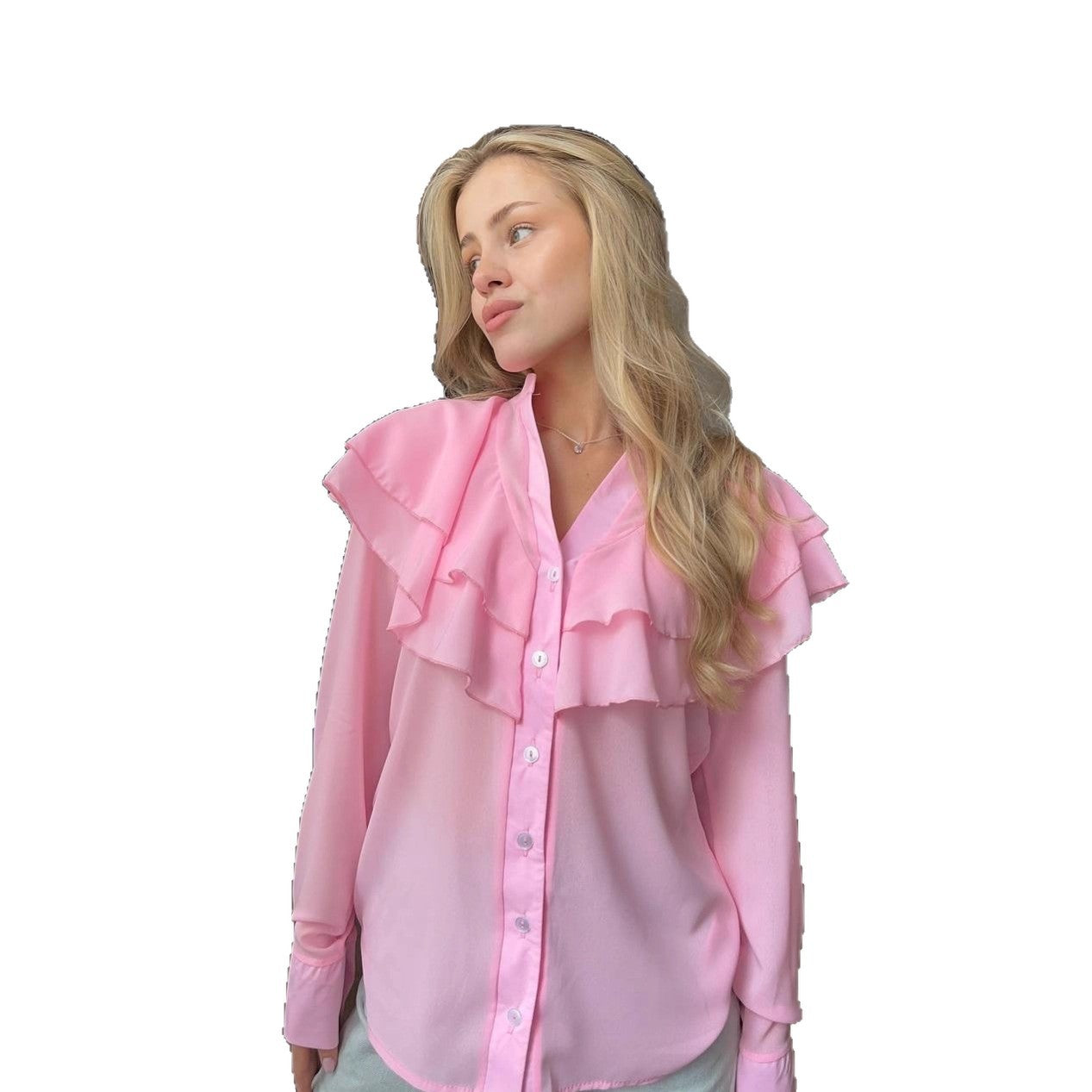 Damen Chiffon-Bluse mit mehrlagiger Volant-Rüsche und Perlmuttknöpfen Chichicherry