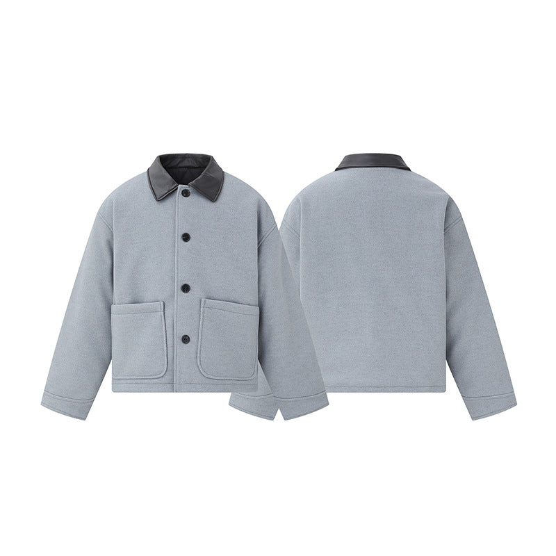 Unisex Short Blouson in minimalist Workwear look made of wool blend with leather look collar Chichicherry