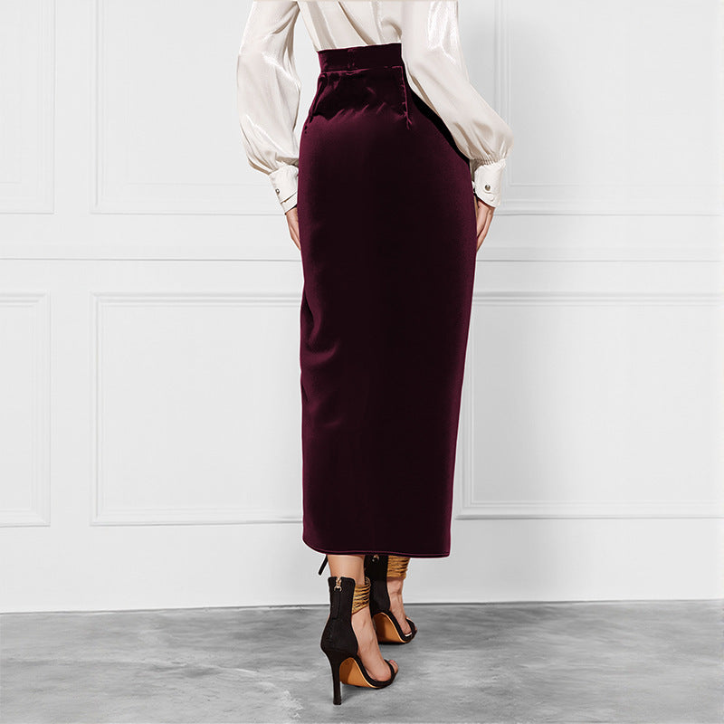Women's midi skirt made of velvet with wrap look and knot detail