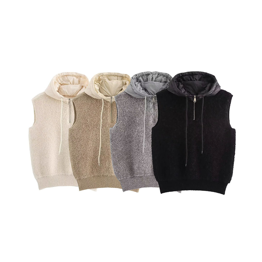 Women's sleeveless knitted vest with quilted hood and half zip Chichicherry