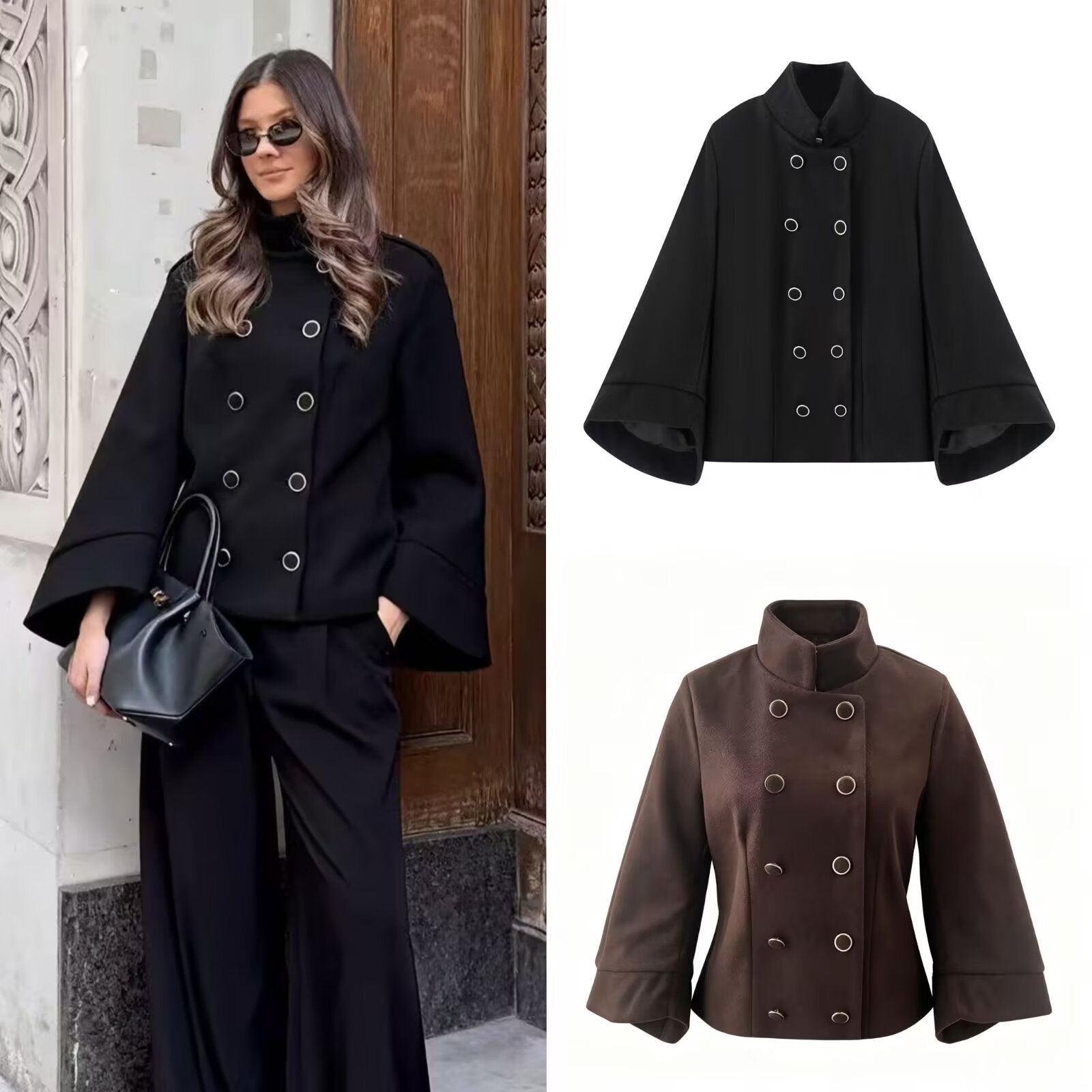 Women's short jacket in double-breasted with stand-up collar, tailored silhouette and bell sleeves Chichicherry