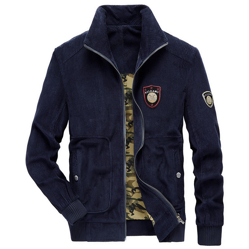 Men's cord jacket with standing collar, full zip, and badge details Chichicherry