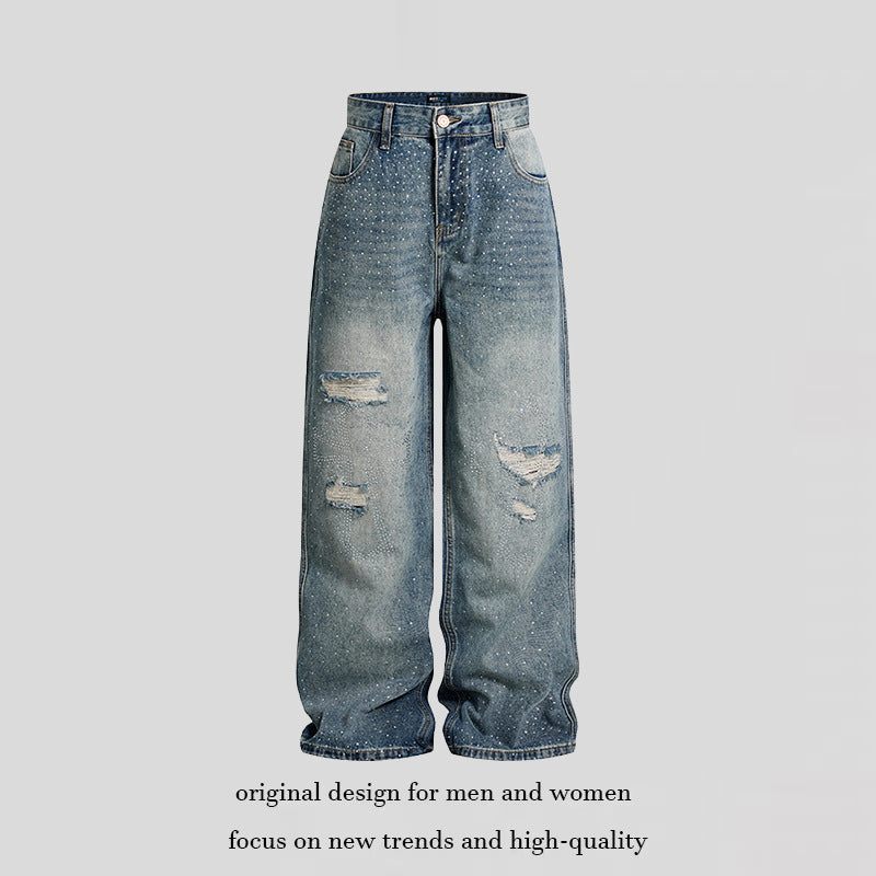 Ladies Wide High-Waist Denim Palazzo Jeans with Destroyed Details and Rhinestone Embellishment Chichicherry