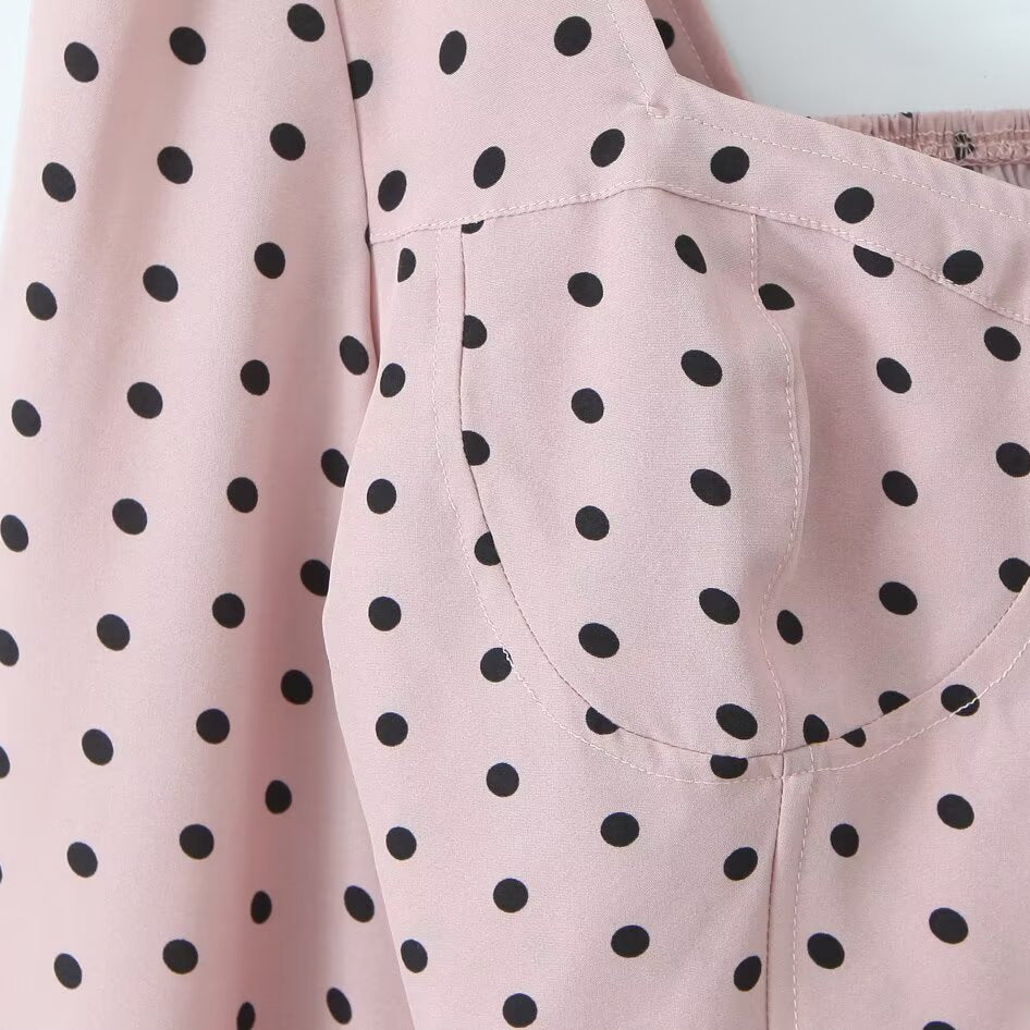 Ladies Polka Dot Bustier Crop Top with Puff Sleeves and Square Neckline Chichicherry