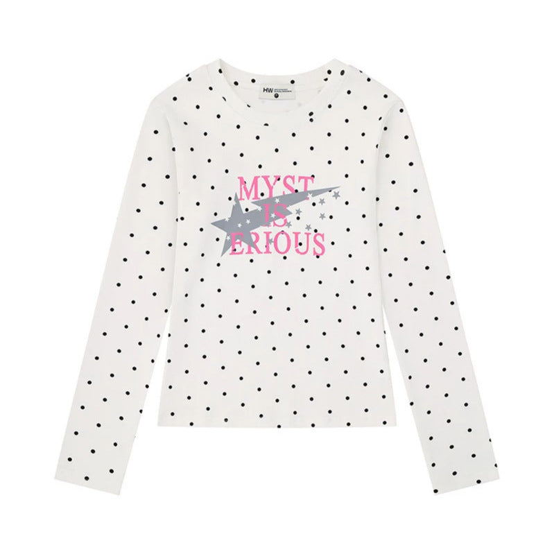 Women's long sleeve shirt with V-neck, polka dots and statement print made of cotton jersey Chichicherry