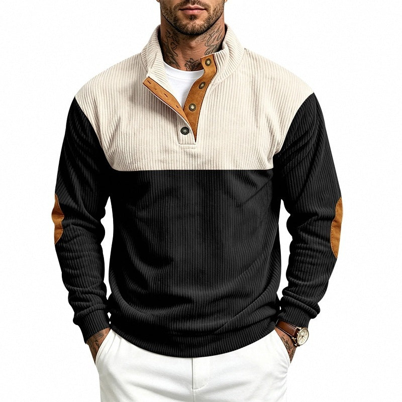 Men's Structured Ribbed Henley Half-Zip with Stand Collar and Elbow Patches Chichicherry