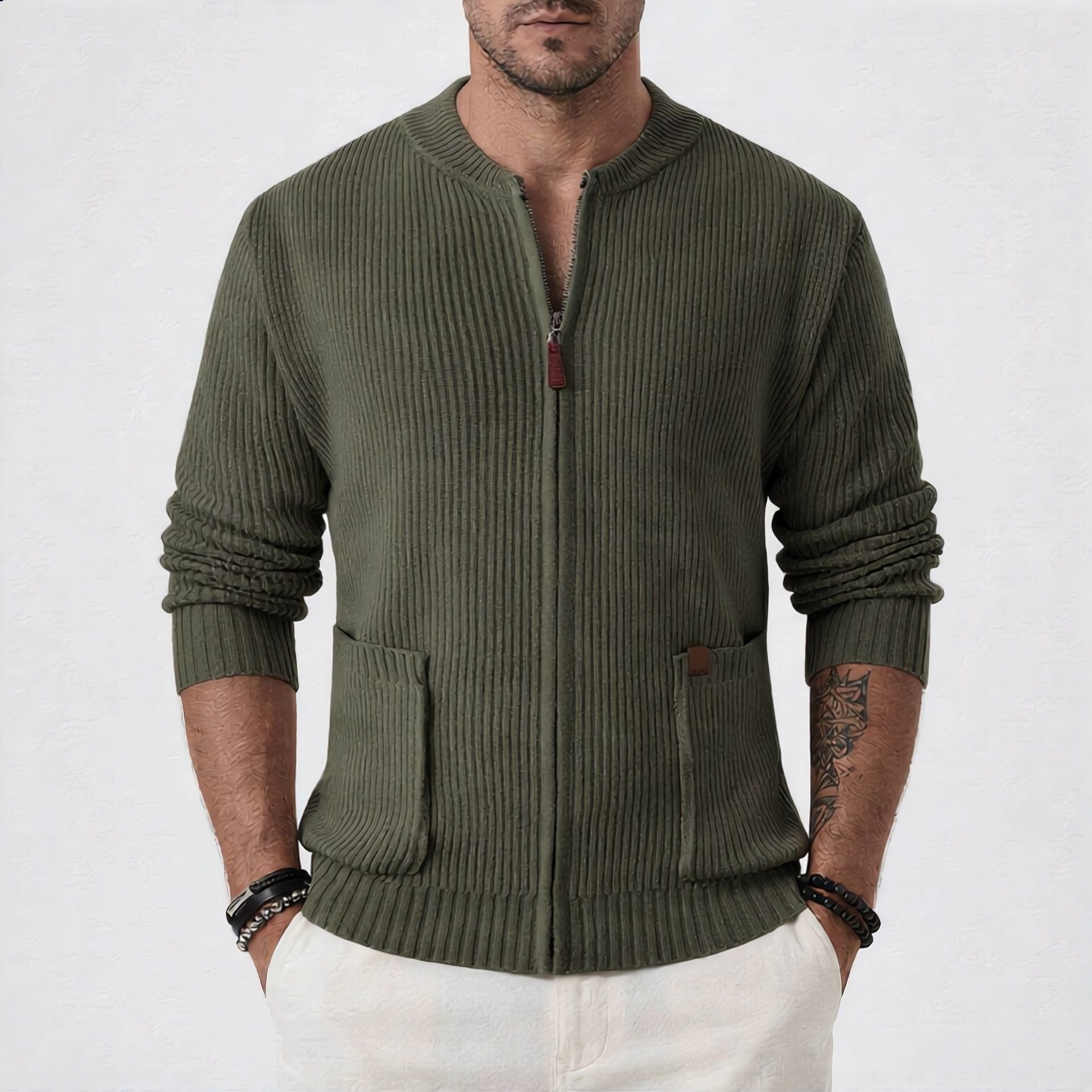 Men's ribbed cardigan with front zipper and patch pockets Chichicherry