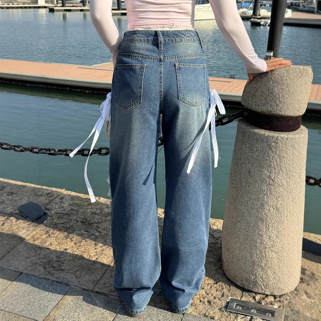 Ladies Wide High-Waist Denim Jeans with Decorative Side Stripes and Straight Leg Chichicherry