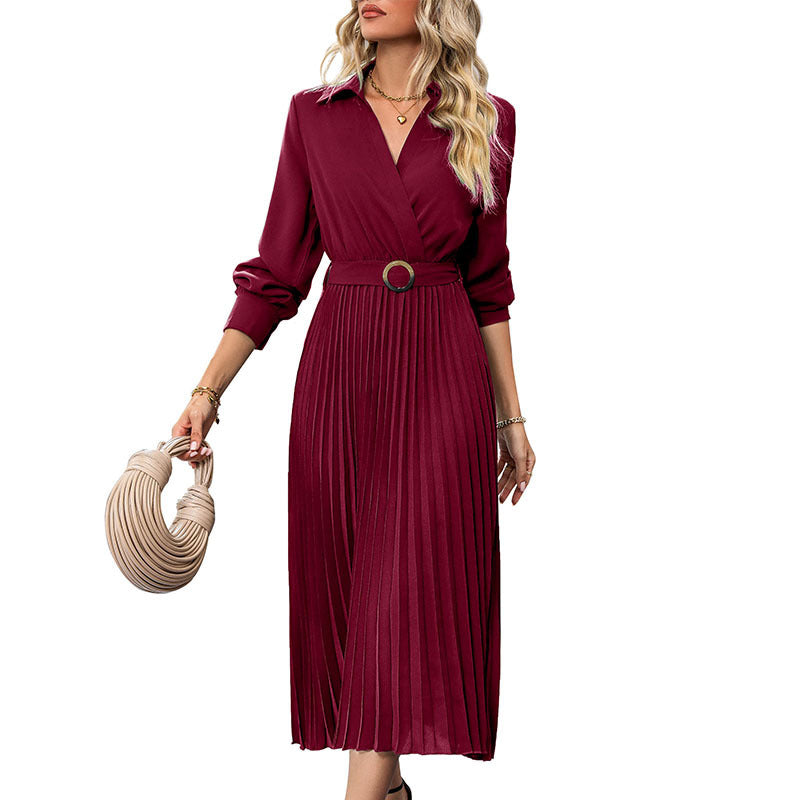 Women's Midi Pleated Dress with Wrap Top, Waist Belt and Pleated Skirt Chichicherry