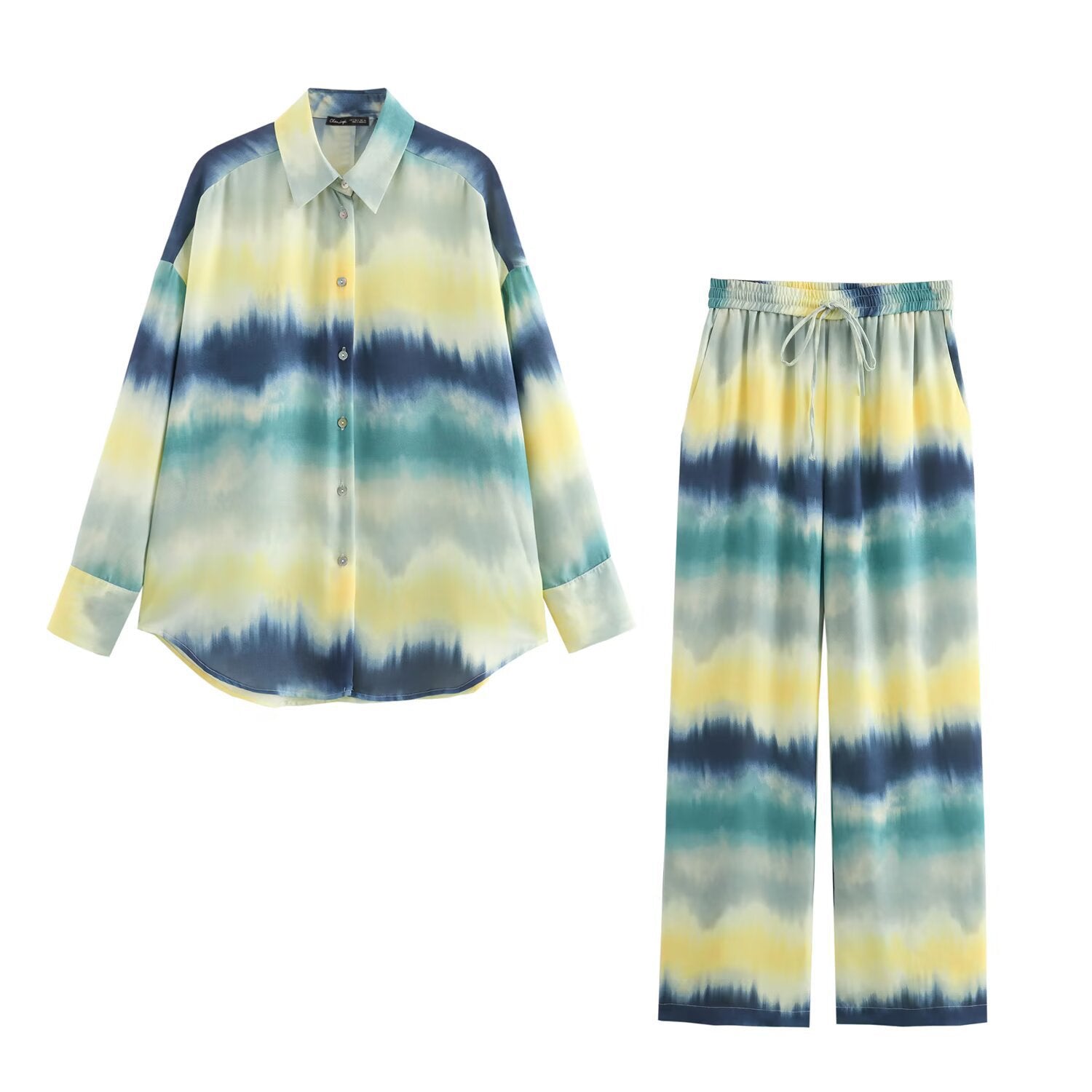 Women's Wide Palazzo Lounge Pants with Elastic Waistband, Drawstring and Watercolor Print Chichicherry
