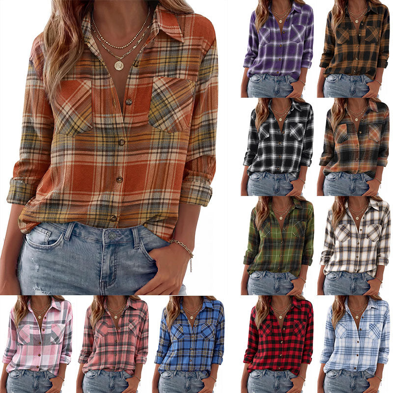 Women Checkered Oversized Flannel Shirt Jacket with Chest Pockets Chichicherry