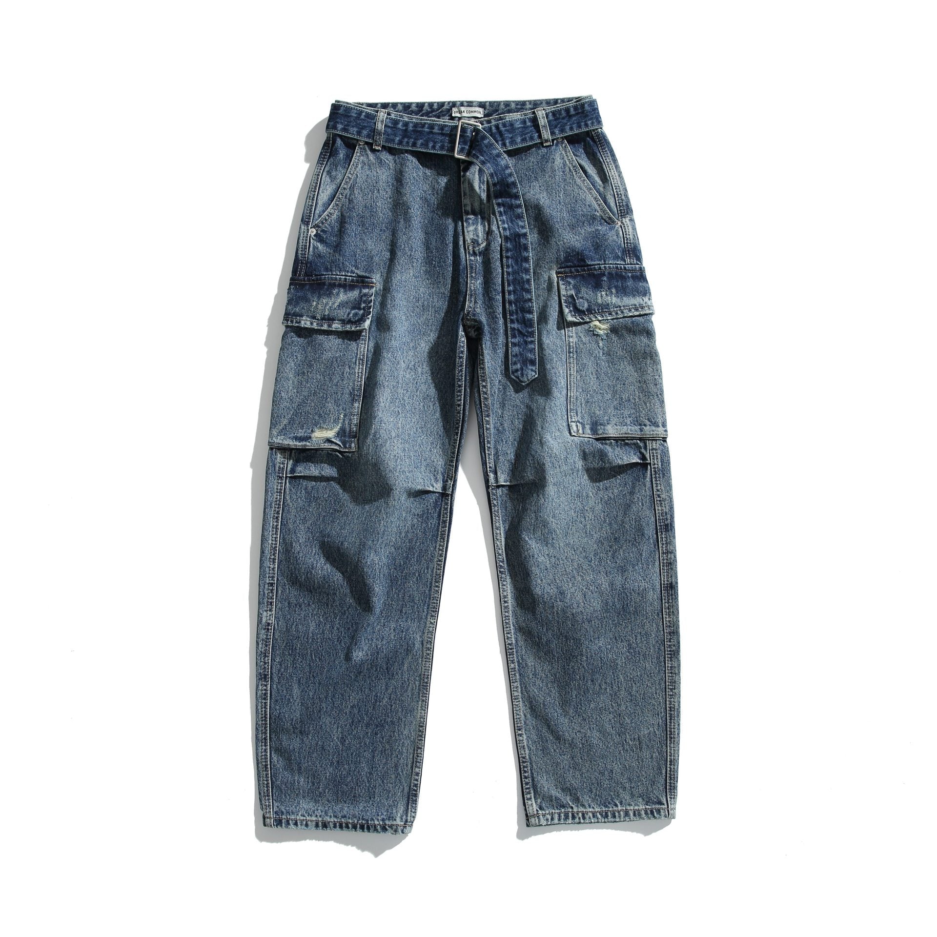 Women's High-Waisted Cargo Jeans with Belt, Loose Fit and Used Look Chichicherry