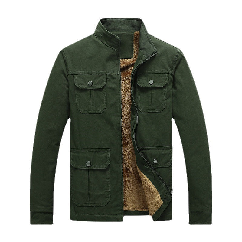 Men's canvas field jacket with faux fur lining, utility pockets, and stand-up collar Chichicherry