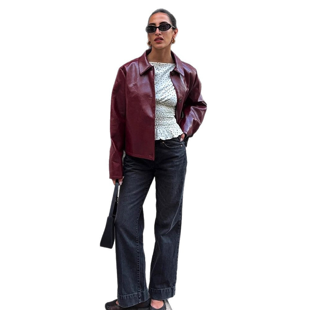 Women's Boxy Faux Leather Jacket with Shirt Collar and Straight Cropped Cut Chichicherry