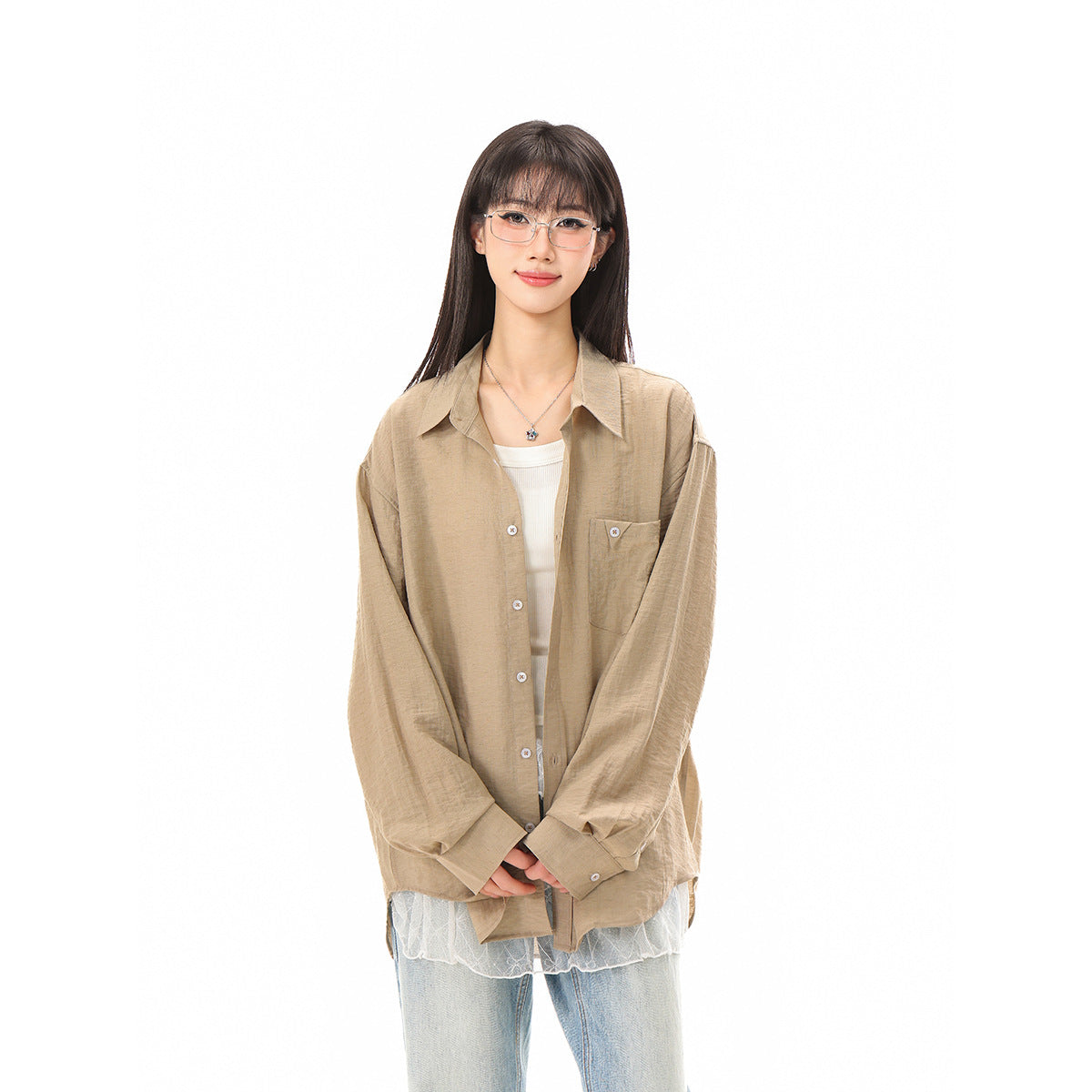 Women's loosely cut oversized shirt blouse with breast pocket and textured cotton blend Chichicherry