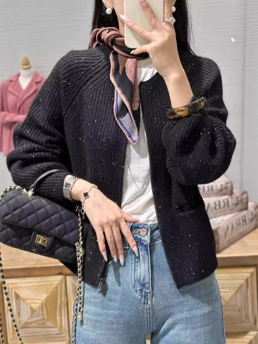 Women Short-Cut Boxy Cardigan with Ribbed Fine Knit Balloon Sleeves and Attached Pockets Chichicherry