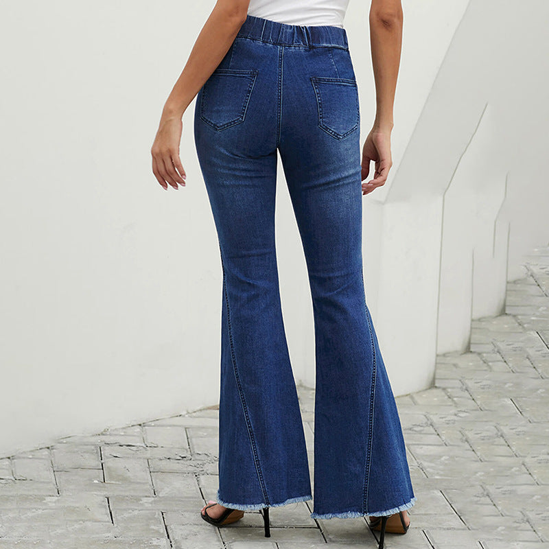 Women's high-waisted flared denim pants with elastic drawstring waistband, decorative seams, and raw hem Chichicherry