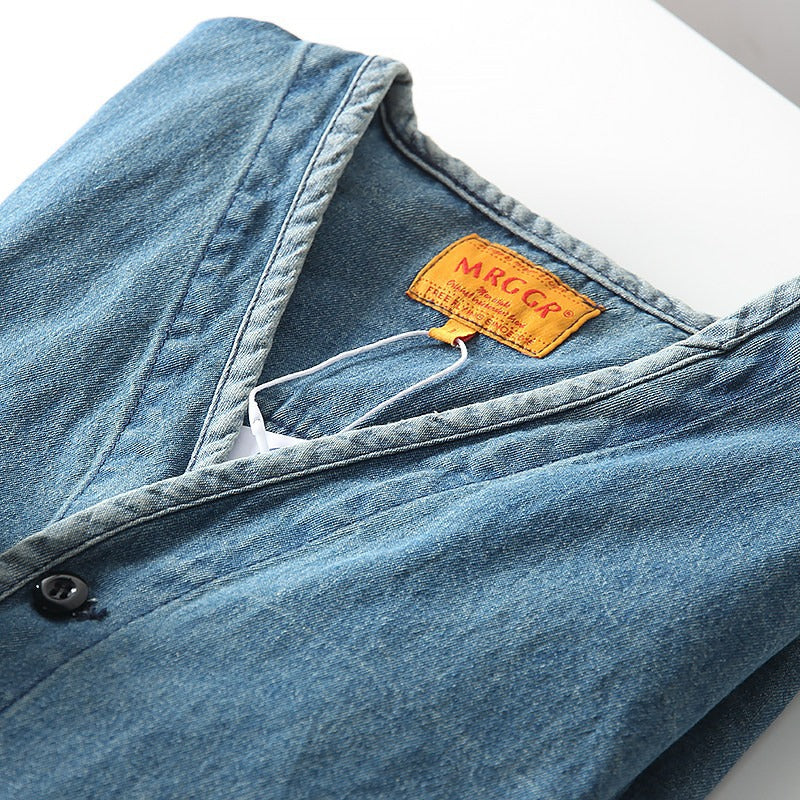 Herren Leichtes Jeans-Sakko im Overshirt-Stil mit V‑Ausschnitt und aufgesetzten Taschen Chichicherry