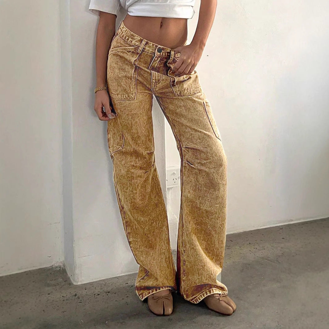 Women's Loose Utility Cargo Jeans with Straight Leg and Patch Pockets Chichicherry
