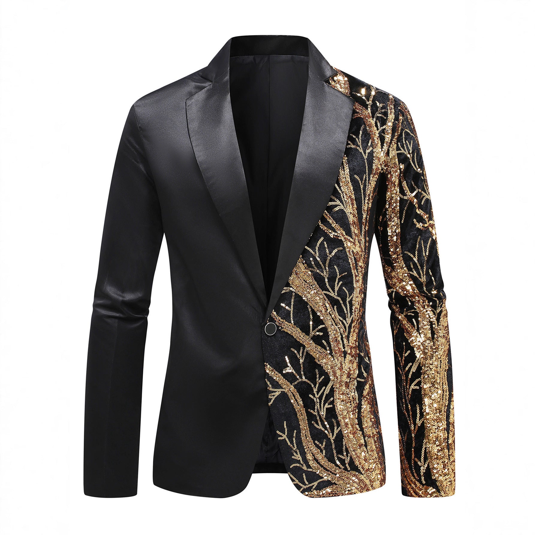 Men's tuxedo blazer with gold sequin trim and tailored satin look Chichicherry