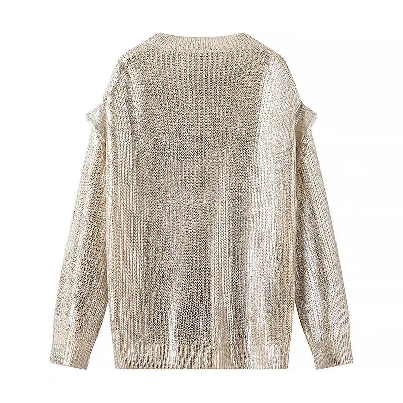 Women Shiny Oversize Knit Sweater with Shoulder Cutouts Chichicherry