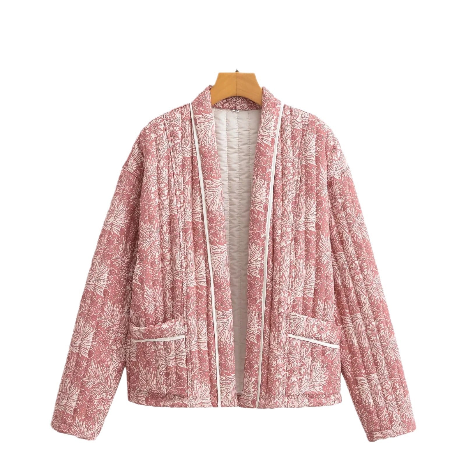 Women Light Quilted Jacket in Kimono Style with Floral Block Print and Contrast Piping Chichicherry