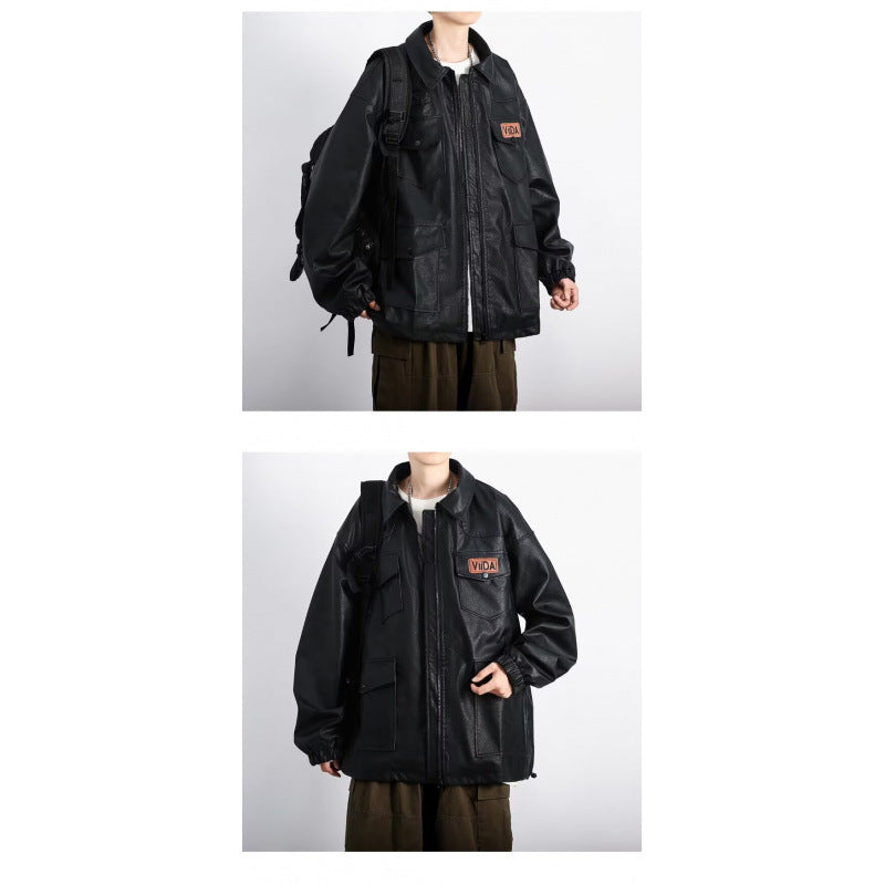 Unisex Oversized Utility Lederimitat Jacke mit Mehreren Klappentaschen Chichicherry