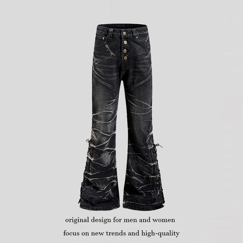 Women's high-waisted flared jeans with button fly and side lacing Chichicherry