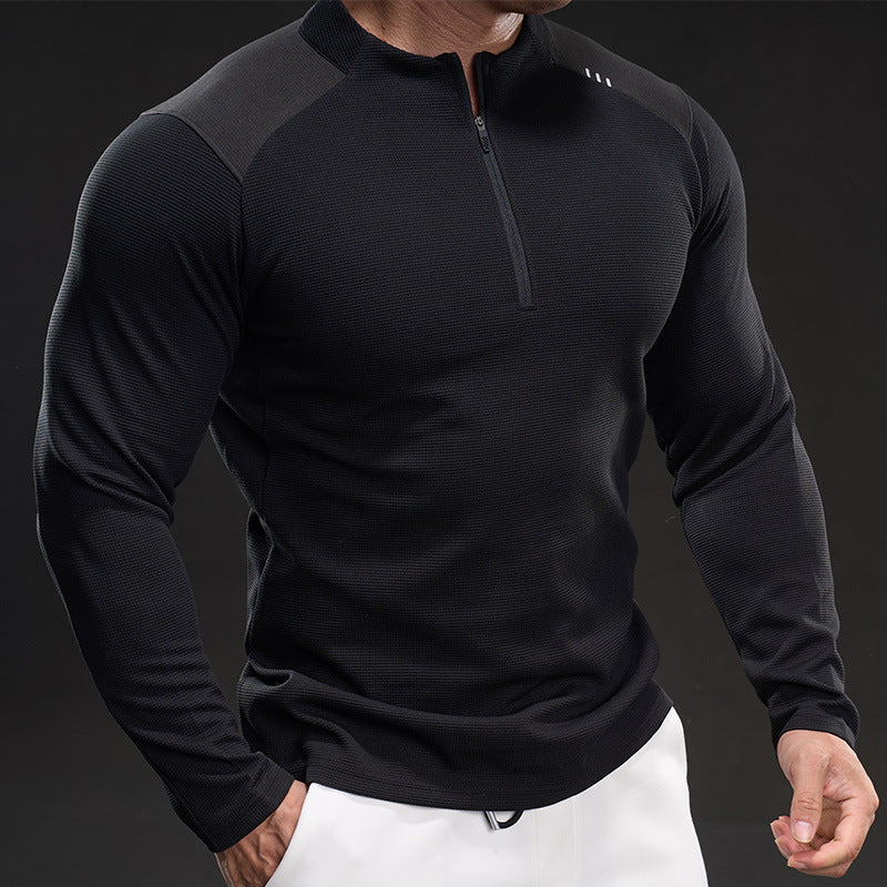 Men's Slim-Fit Sporty Long Sleeve Training Shirt with Half-Zip and Textured Fabric Chichicherry