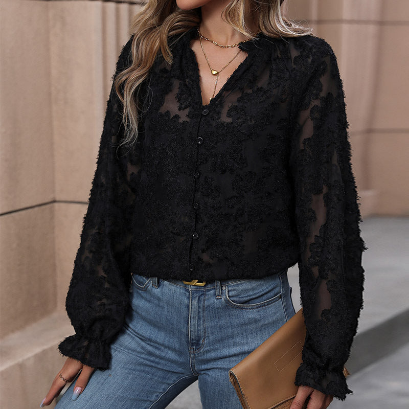 Women's Transparent Blouse with Floral Chenille Appliqué, Button Placket and Ruffled Cuffs Chichicherry