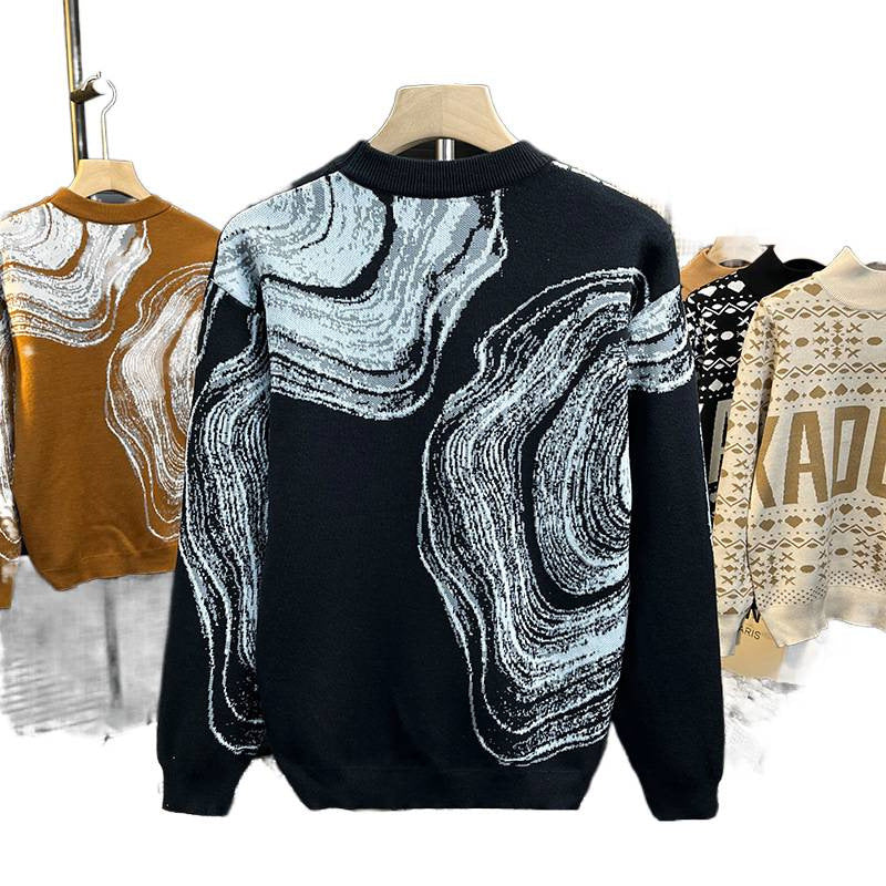 Herren Grobgestrickter Rundhalspullover mit abstraktem Marmor-Jacquard Chichicherry