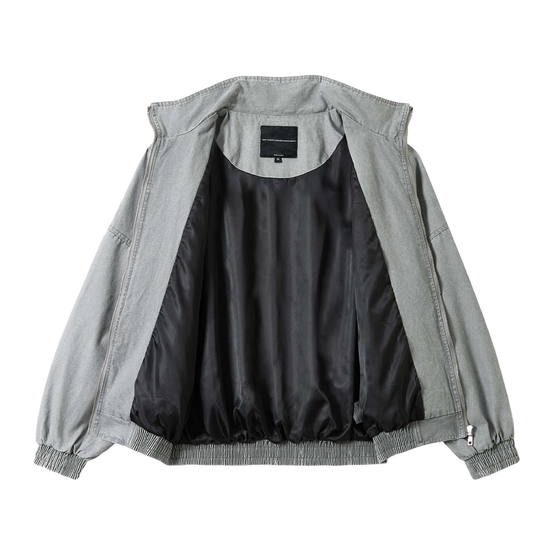 Unisex Short Cut Washed Canvas Utility Jacket with High Stand-Up Collar Chichicherry
