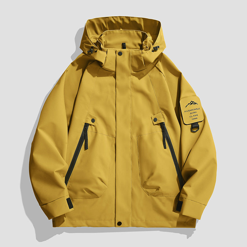 Men's Waterproof Utility Softshell Jacket with Hood, Diagonal Zipper Pockets & Adjustable Sleeve Straps Chichicherry