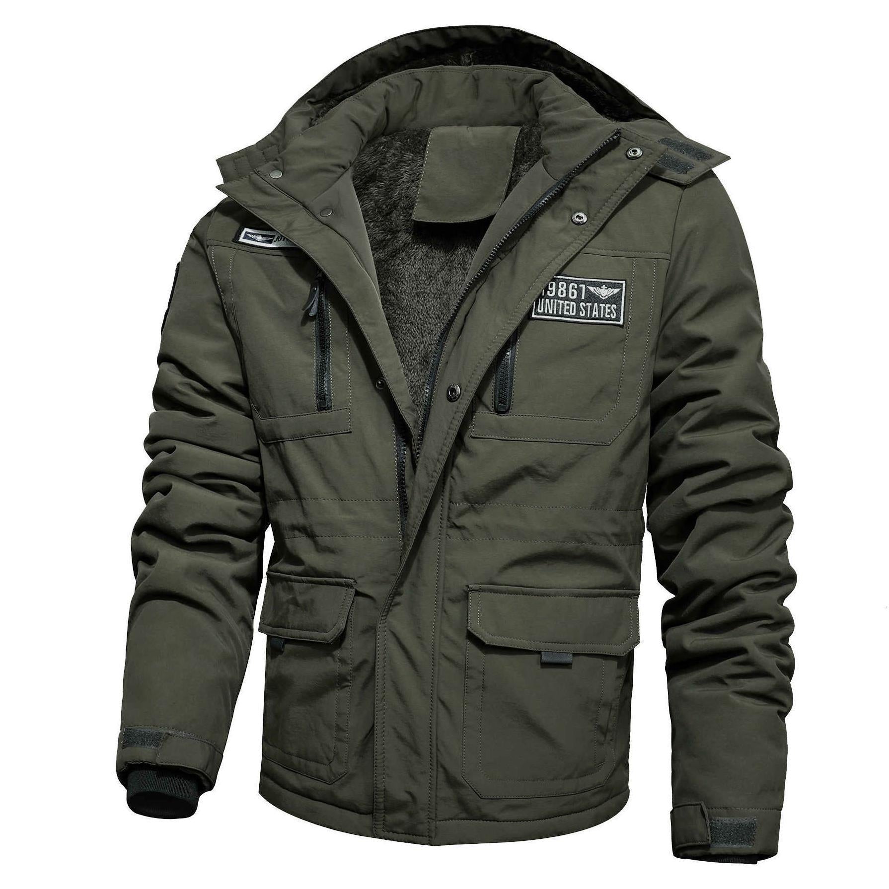 Men's Insulated Field Jacket in Military-Utility Style with Hood and Fleece Lining Chichicherry