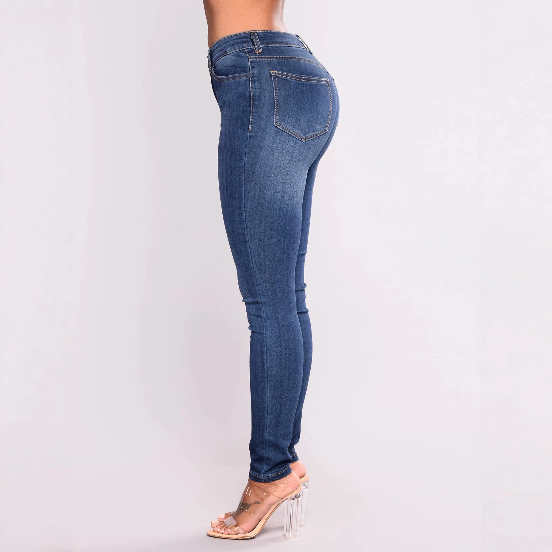 Women High-Waisted Shaping Skinny Jeans with Visible Button Placket Chichicherry
